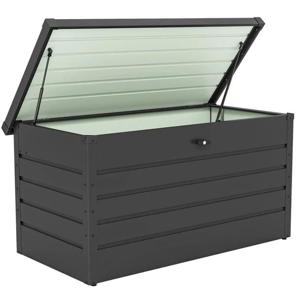 Dark grey galvanised steel garden storage box with open hinged lid