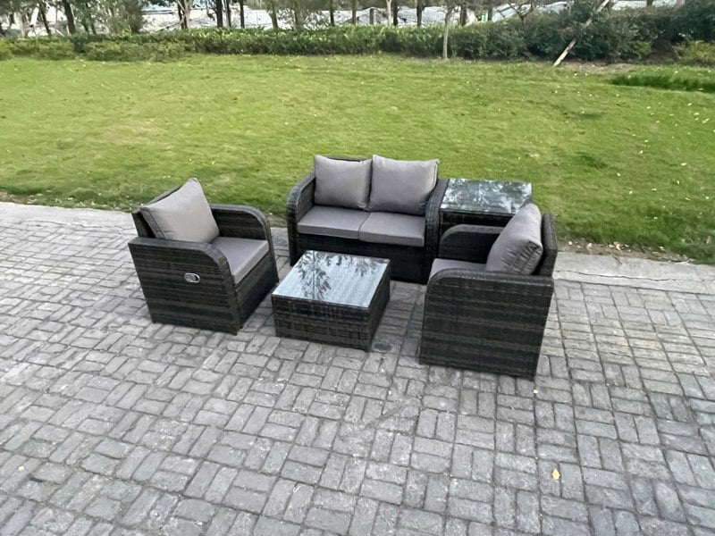 Fimous Wicker PE Rattan Garden Furniture Set Outdoor Lounge Sofa Set with Love Sofa Square Coffee Table Side Table Dark Grey Mixed