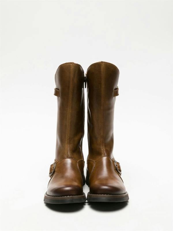 Fly London Womens Camel MES 2 Wedge Heel Buckle Mid-Calf Leather Zip Platform Boots