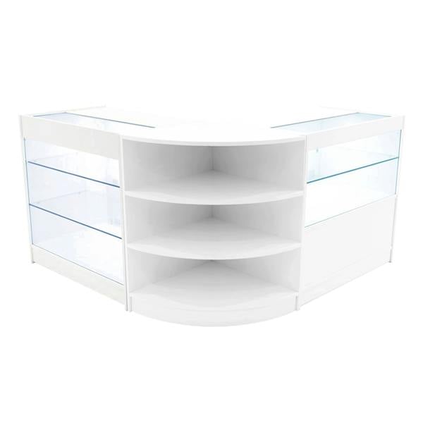 White LED shop counter set featuring curved design, glass shelves, and modern aesthetic, ideal for retail displays and merchandise