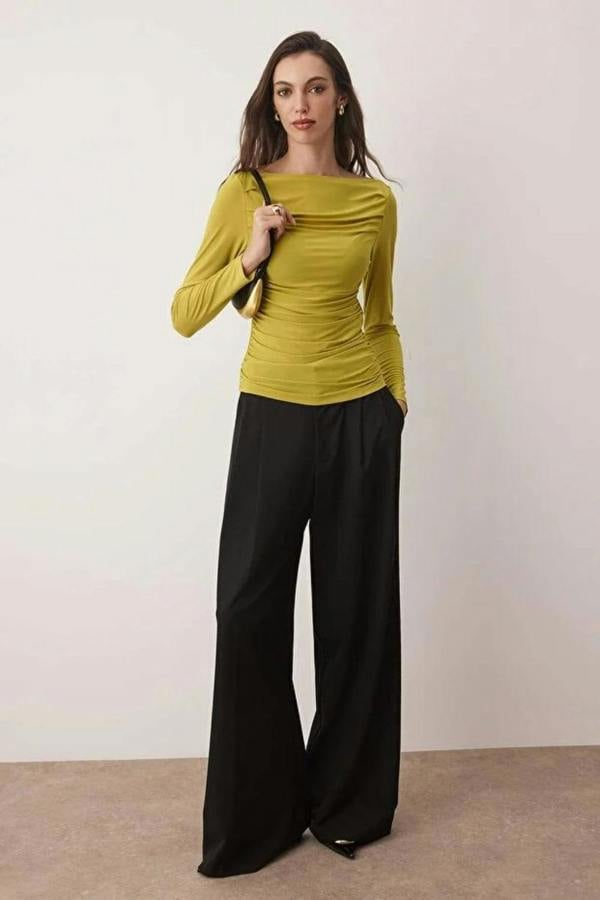 Hoxton Gal Boat Neck Draped Fitted Stretch Knit Blouse