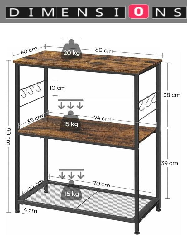 Modcraft Kitchen Island Shelf, Baker’s Rack with 3 Shelves & Hooks, Rustic Brown & Black