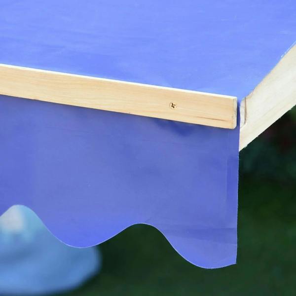 Kids wooden sand pit blue canopy fabric edge attached to wooden frame