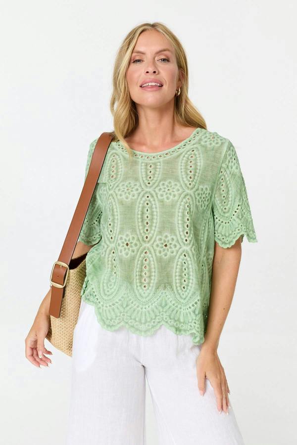 Green | Embroidered Textured 1/2 Sleeve Blouse