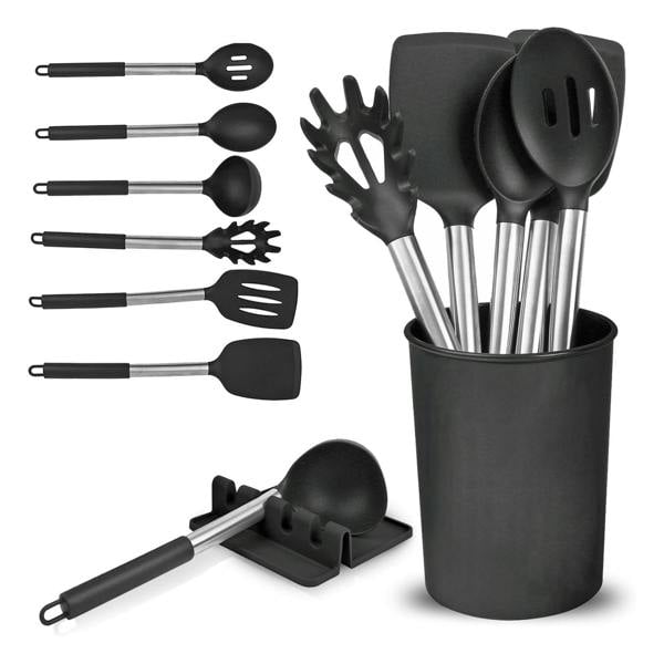 Top 3 8 Piece Silicone Kitchen Utensil Set with Storage Bucket Black