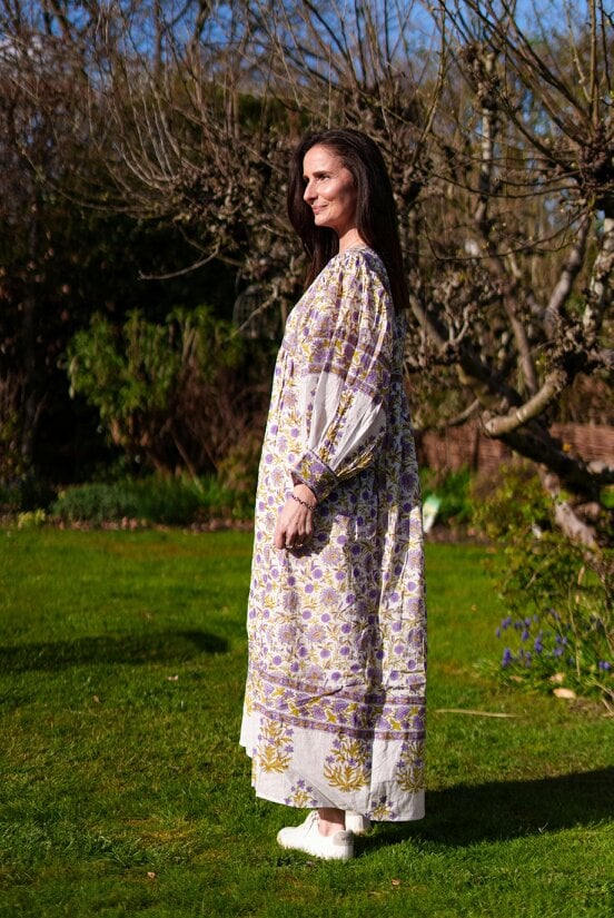Amelia San Floral Lilac Floaty sleeve woodblock print with flowers, maxi dress