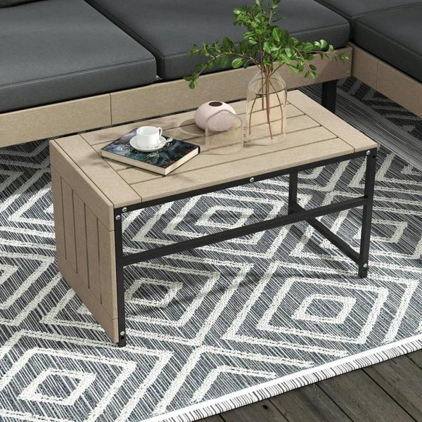Grey outdoor sofa set with grey cushions and light wood coffee table