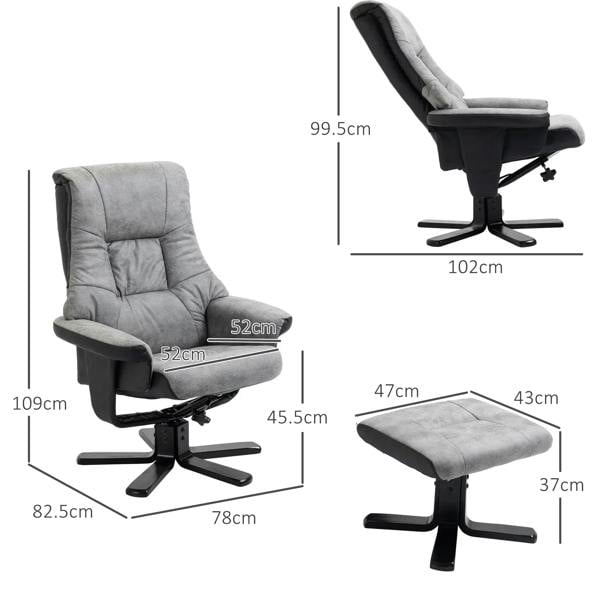 Grey fabric swivel recliner chair with footstool, black cross-leg base, angled side view.