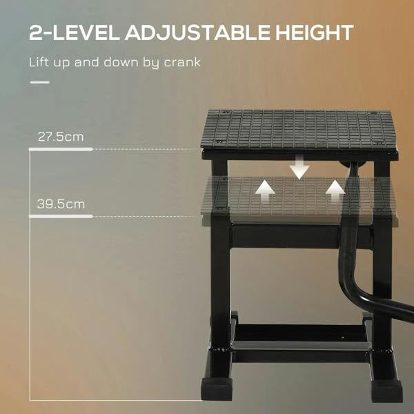 Black steel motorbike jack lift with height crank and textured grid platform