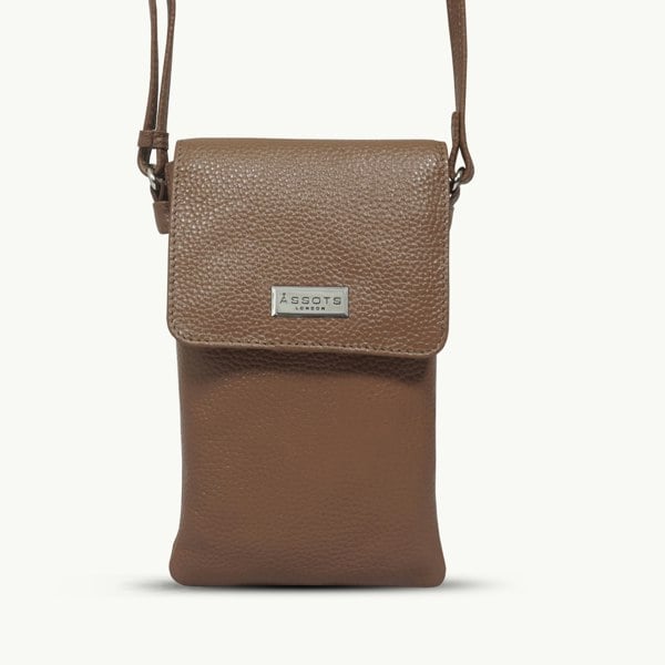 Assots London 'MARIA' Tan Pebble Grain Real Leather Crossbody Phone Bag