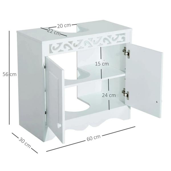 White under-sink storage cabinet with open shelves and two hinged doors