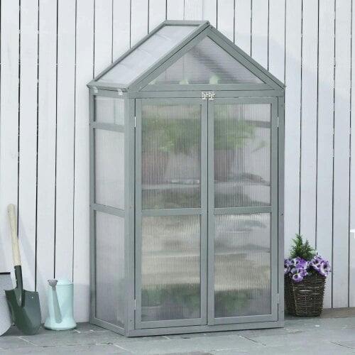 Bobobiy Garden Cold Frame Polycarbonate Greenhouse with Adjustable Shelves, Grow House for Flower Vegetable Plants, 80 x 47 x 138cm, Grey
