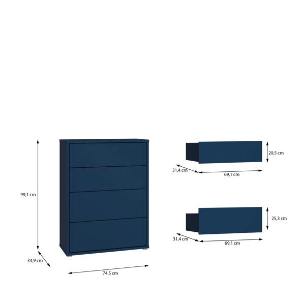 Alice Springs 4 Drawer Chest with Push-to-Open Drawers in Night Blue