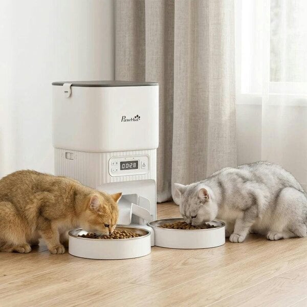 Automatic Cat Feeder Timed Portion Control Pet Food Dispenser with 2 Stainless Steel Bowls - White