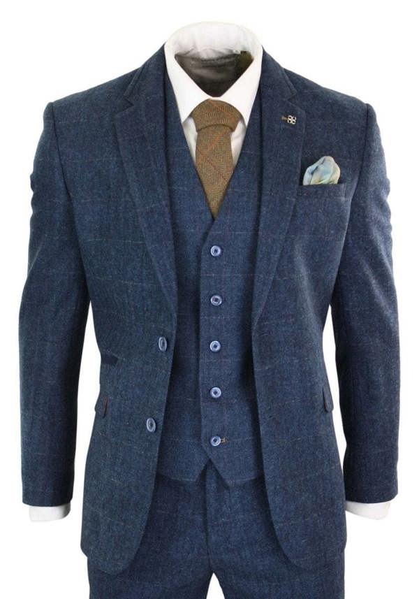 House of Cavani Mens 3 Piece Navy Blue Tweed Herringbone Vintage Classic Suit