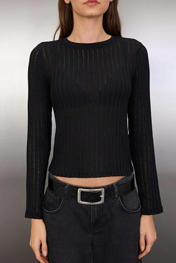 WOVCOR Transparent Crew Neck Knit Blouse