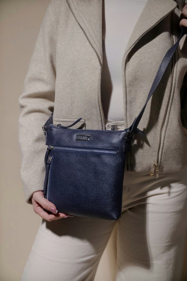 Assots London 'RUE' Navy Pebble Grain Real Leather Crossbody Bag