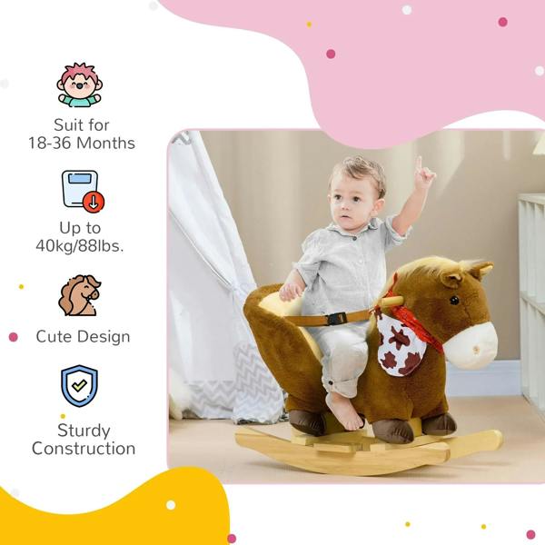 Brown plush rocking horse with safety harness and wooden base with foot pedals