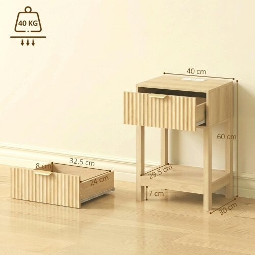 HOMCOM Fluted Bedside Table with Charging Station, Set of 2 Bedside Cabinet