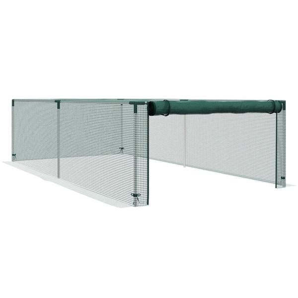 Green plant protection cage with zip-style door, wire mesh panels and tubular frame.