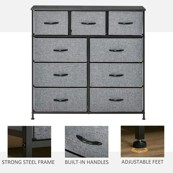 Grey fabric 9-drawer dresser with built-in curved handles and black metal frame