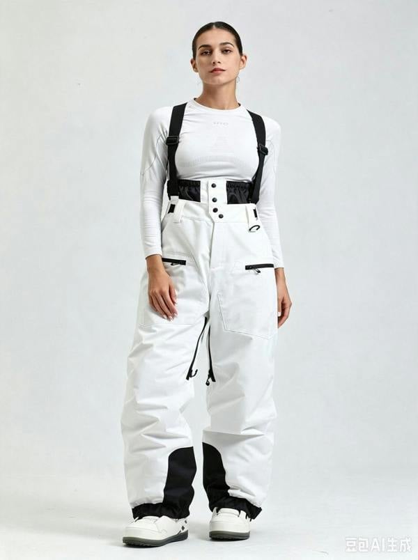 Anniou Women's Suspender Ski Bib Pants - beige
