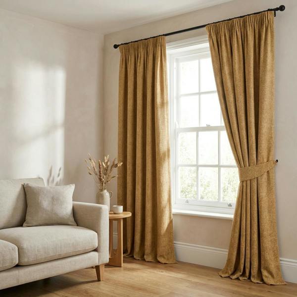 Tuvalu made-to-measure curtains in Honey, styled in a living room