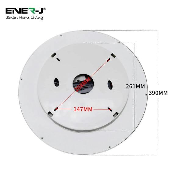 White ceiling light fixture with measurements and Ener-J branding on a white background