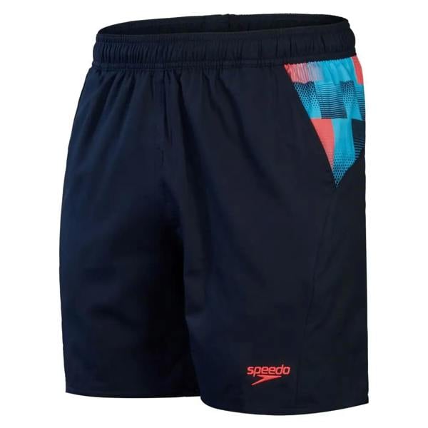 Speedo Sport blue red 16-inch watershorts with navy blue Speedo swim shorts and colorful geometric side pattern