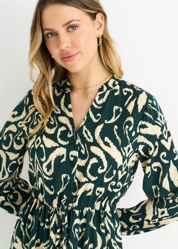 Gini London Green Ikat Print Tie Waist Maxi Dress