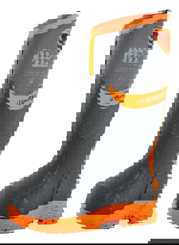 Buckbootz BBZ9000 Mens Safety Waterproof Composite Toe/Midsole S5 Wellington, a safety boot with a black and orange design, featuring waterproof material and safety toe protection.