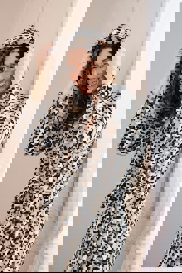 Camille Women's Brown Snow Leopard Supersoft Fleece Hooded Calf Length Bathrobe