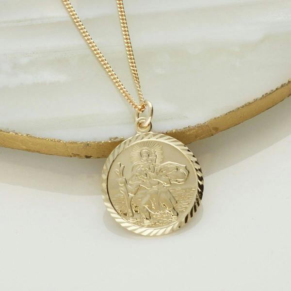 Christopher James of London 9ct Yellow Gold Diamond Cut 19mm St Christopher Pendant With Optional Engraving and Chain