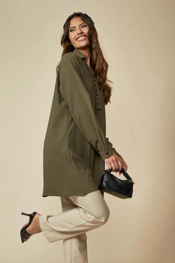 Hoxton Gal Tunic Shirt with Button Details in Khaki