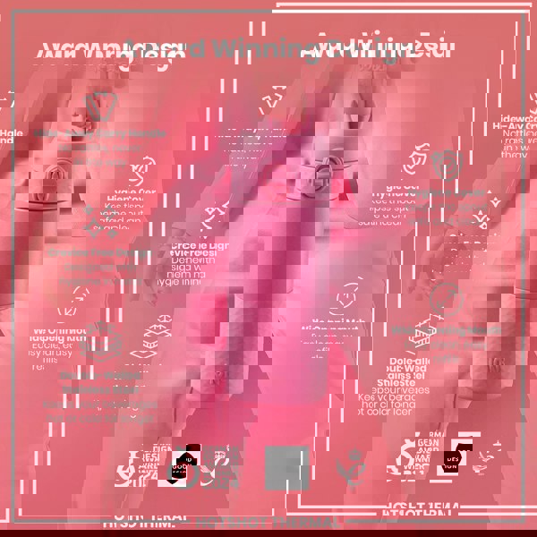 A pink, double-walled stainless steel water bottle is being held; it features a hide-away handle, crevice-free design, hygiene cover, and wide opening mouth. The bottle is award-winning.