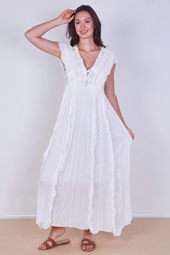 Elaina Fashion Boho Ruffle Detail Maxi Dress with Tie Neck – One Size (UK 8–14)