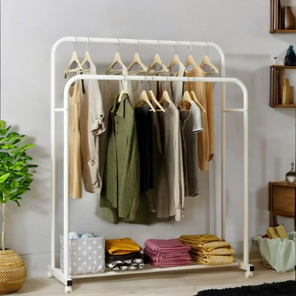 Rafaelo Mobilia Heavy Duty Metal Clothes Rail Open Wardrobe On Wheels White