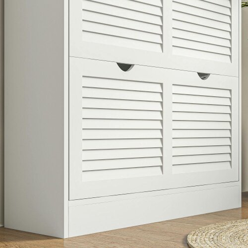 Wyld Haus Nelu Neka Wooden White Slim Entryway Shoe Cabinet With 2 Flip Drawers Slatted Design