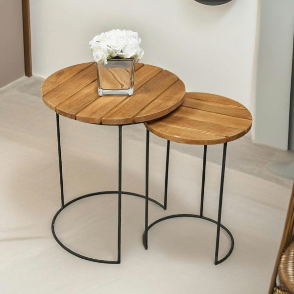 Rafaelo Mobilia Set Of 2 Round Teak Nesting Tables Rustic Brown