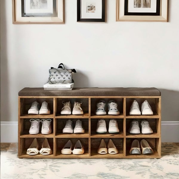 BMBO Wide Shoe Storage Bench With Cushioned Seat And Drawer Natural Brown