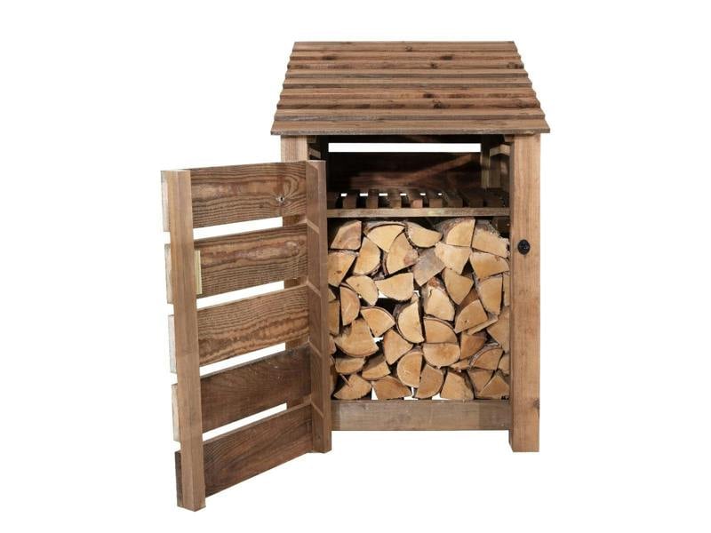Arbor Garden Solutions Slatted Wooden Log Store With Door and Shelf W-79cm, H-126cm or 180cm, D-88cm - Brown Finish