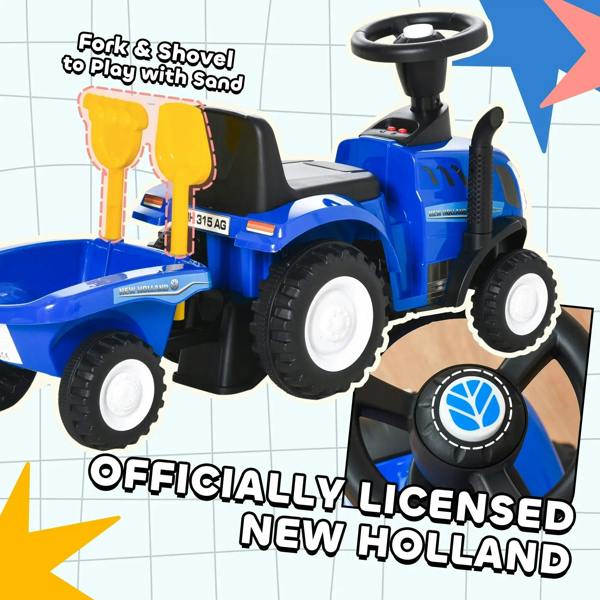 Blue toddler ride-on tractor walker with yellow fork-and-shovel front attachment