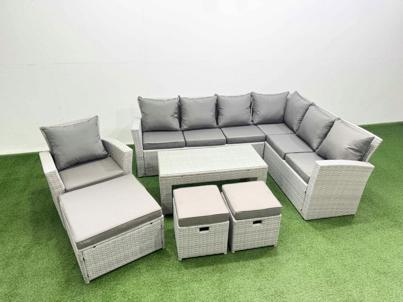 Fimous 11 Seater Garden Outdoor Rattan Furniture Set Rattan Corner Sofa Oblong Coffee Table with 3 Footstools Light Grey Mixed