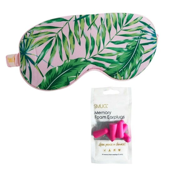 SMUG Satin Sleep Mask - Palm Print - Sleep Mask & Pink Earplugs