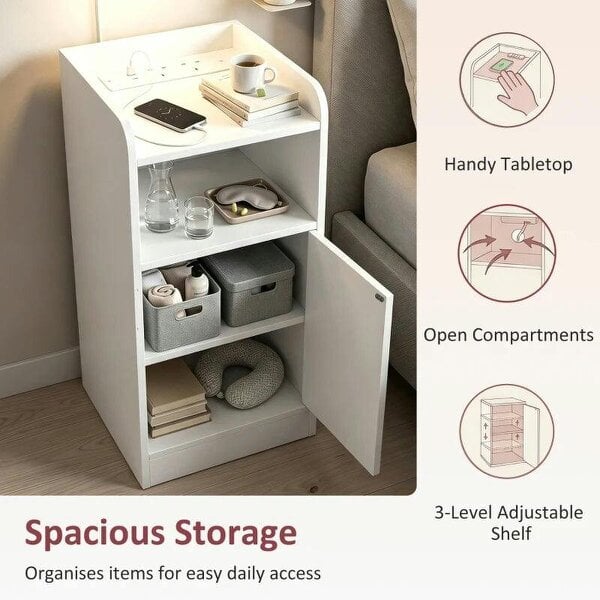 Slim Bedside Table Set of 2 with Charging Station, Narrow Bedside Cabinet with Adjustable Shelf, White