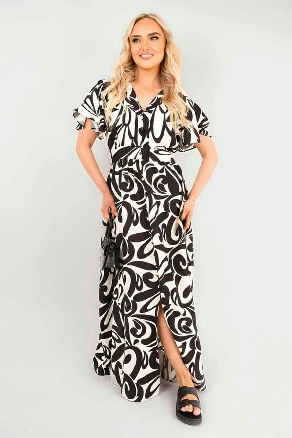 Celia Printed Short Sleeve Button Down V-neck Maxi Dress - Black