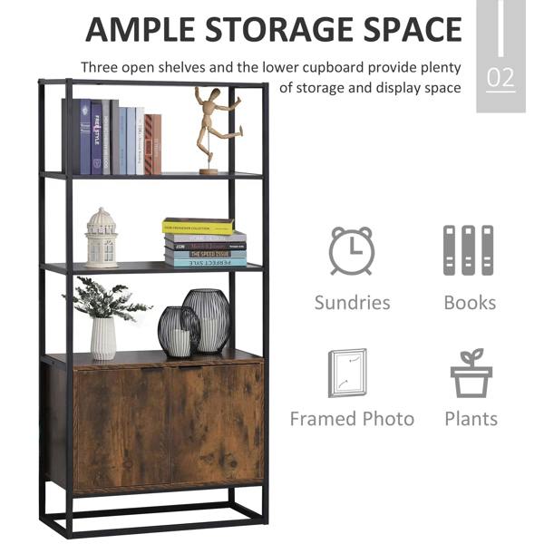 Industrial bookshelf with three open shelves and lower cabinet storage, rustic brown front
