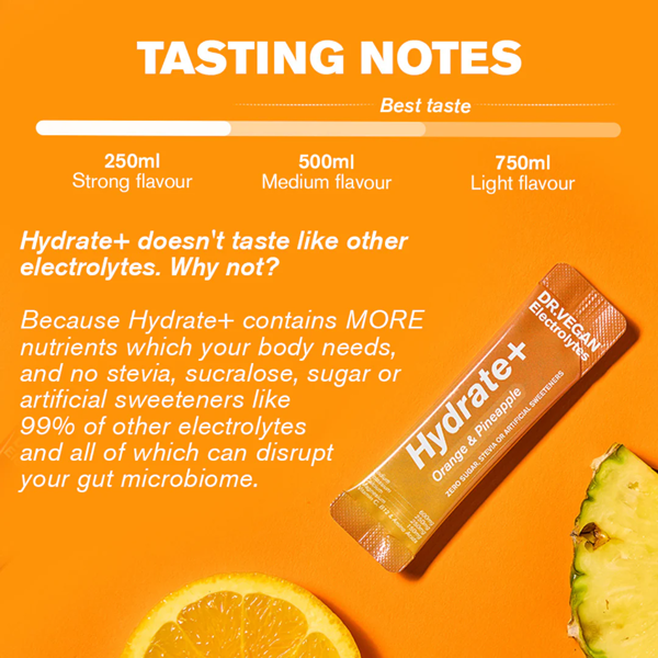 Dr Vegan Hydrate+ Orange & Pineapple Electrolytes. 15 sachets