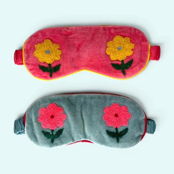 Hayley & Co Embroidered Velvet and Cotton Eye Mask | Pale Blue Flower