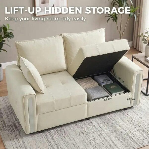 Bobobiy 2 Seater Sofa with Lift-Up Storage, 168 cm Comfy Velvet Small Couch with Wide Deep Seat, Plush Backrest, Thick Padding, 2 Pillows, Beige